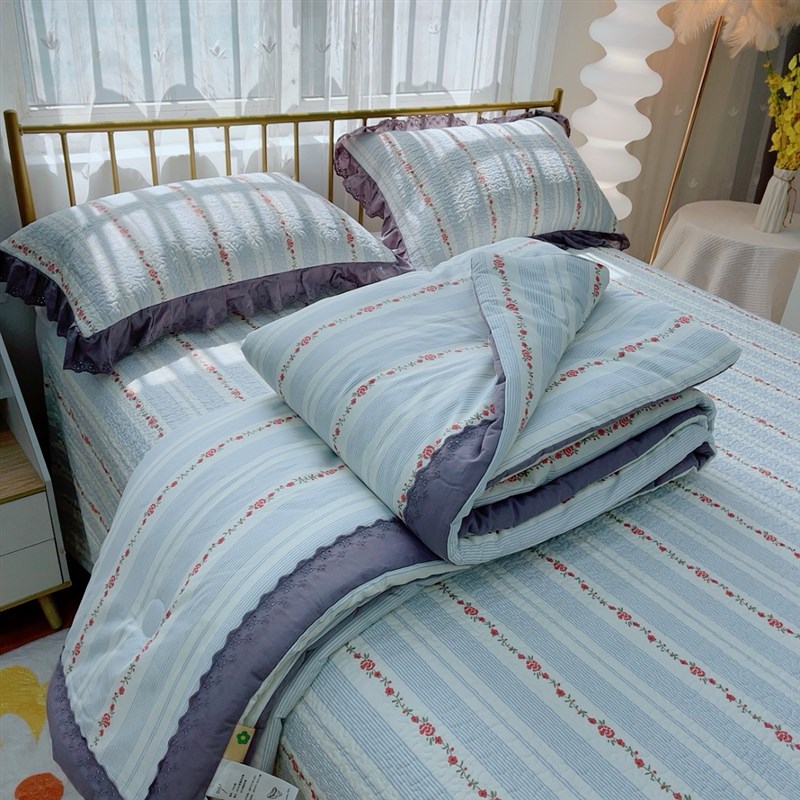全棉法式复古床盖三件套纯棉夹棉绗缝床单2024款可机洗水洗春秋被