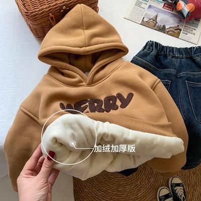 女童加绒卫衣小童韩版潮加厚洋气B2岁6儿童冬季带帽上衣男童秋冬