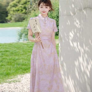 何衣见友《月月》新中式少女改良旗袍紫晕温柔修身日常短袖大摆夏