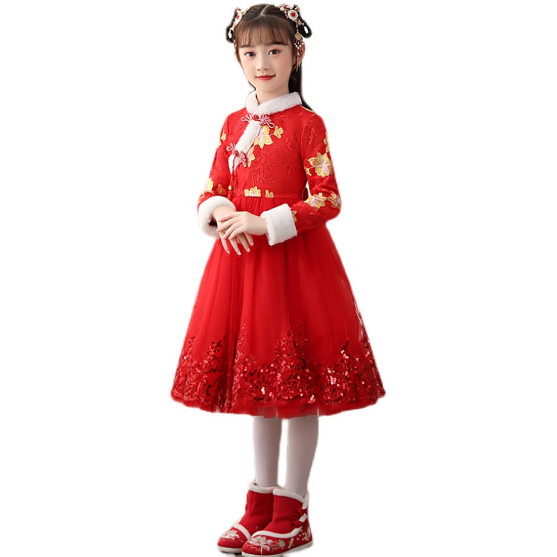 女童旗袍连衣裙中国风秋冬新款汉服唐装儿童公主裙加绒洋气童装冬