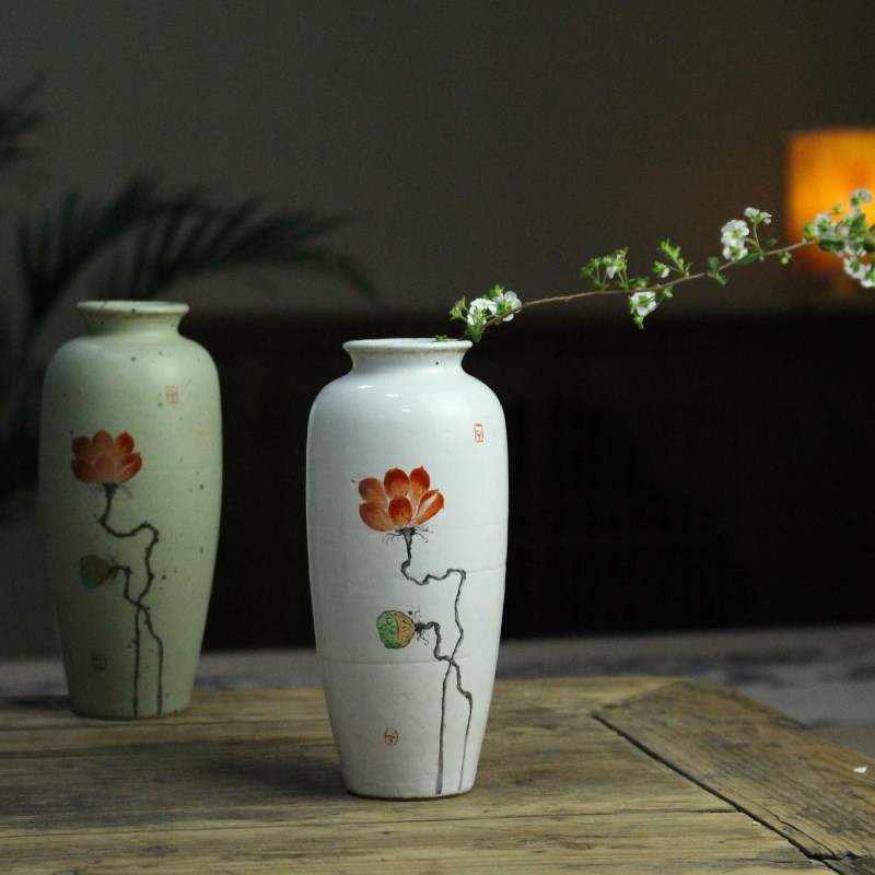 景德镇手绘荷花粗陶花瓶中式复古禅意中式摆件插花小花器桌面民宿