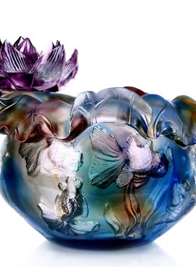 琉璃荷花鱼池聚宝盆摆件家居客厅酒柜装饰品摆设新房乔迁搬家礼品