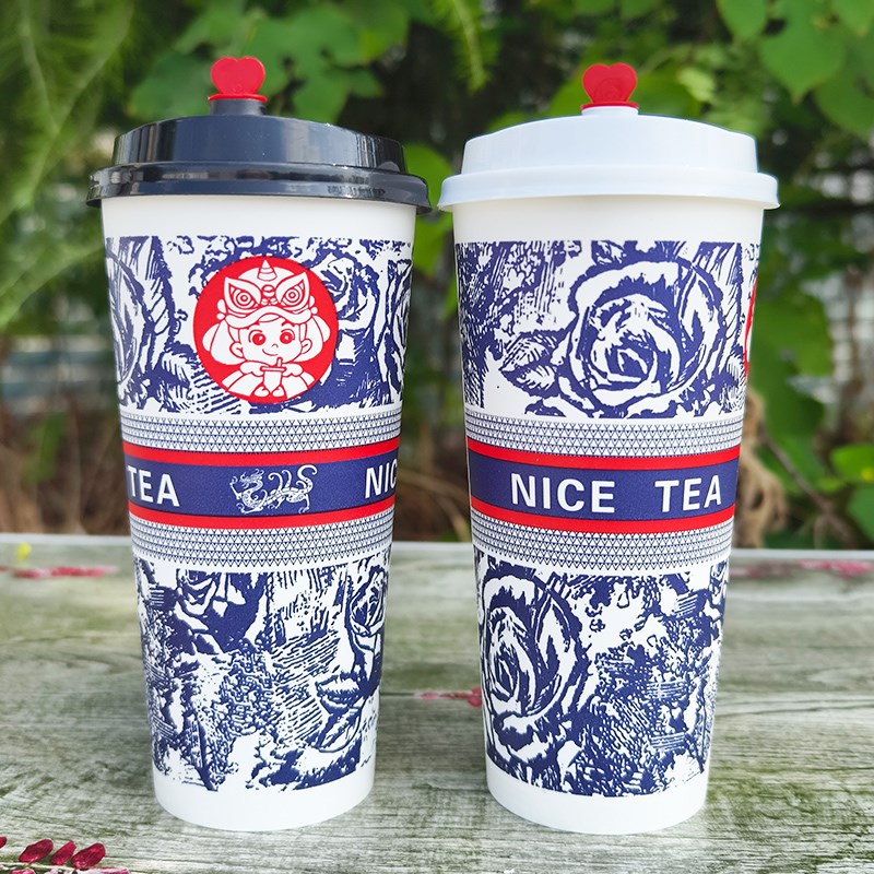 90口径国风加厚奶茶纸杯子一次性带盖冷热饮咖啡杯外卖打包杯带盖