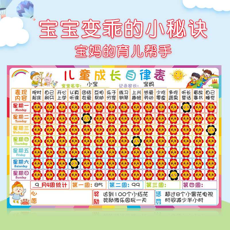 儿童奖励积分记录表学习计划表墙贴成长自律表幼儿小红花习惯管理