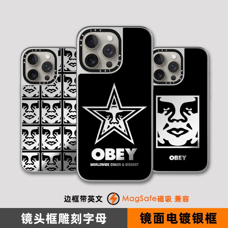 OBEY图标脸艺术涂鸦磁吸手机壳MagSafe适用苹果16Pro电镀银框iPhone15ProMax镜面14/13/12男女潮玩防摔保护套
