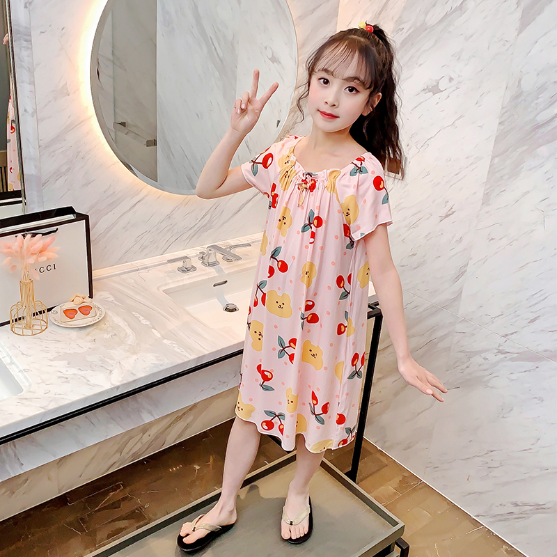 女童睡裙绵绸夏季棉绸短袖儿童薄款吊带宝宝小孩睡衣樱桃熊家居服