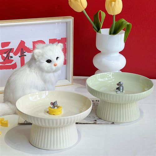 高脚大口径陶瓷猫碗护颈猫食盆狗盆防黑下巴增高平口奶油风猫粮碗