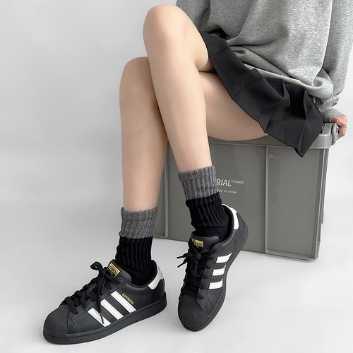 毛线袜子女秋冬款黑灰拼接堆堆袜女春秋白色中筒袜美式毛圈冬季袜