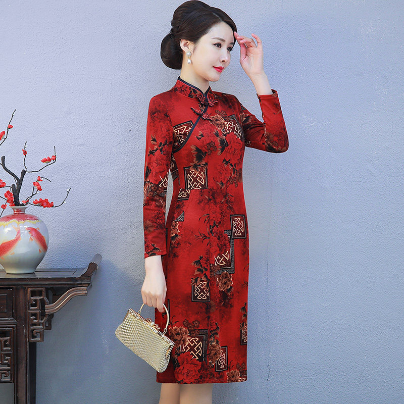 妈妈改良版旗袍复古气质中老年女装春秋季连衣裙立领斜襟长袖裙子