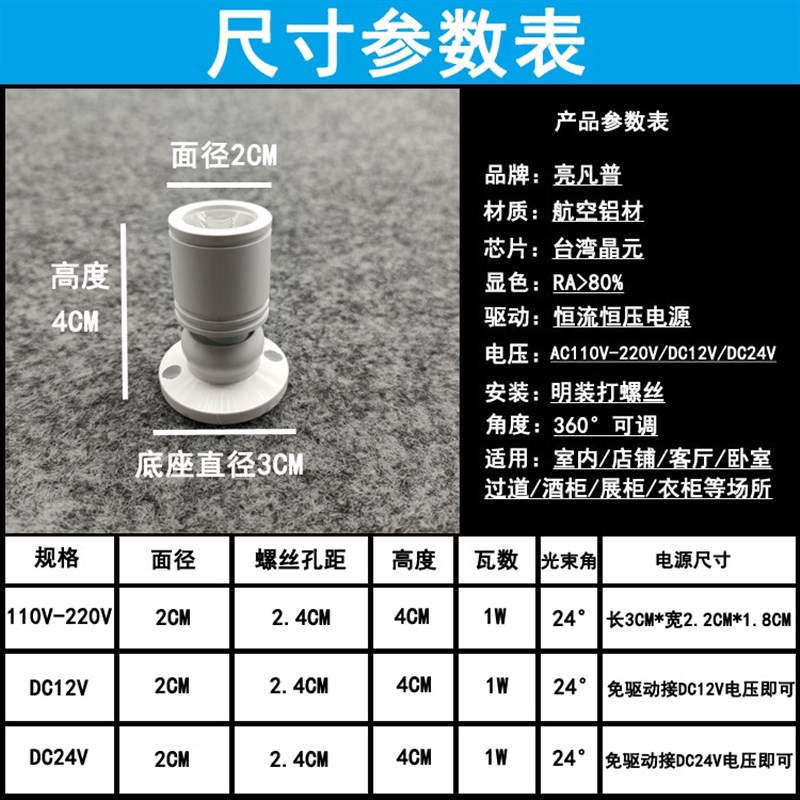 220V12V24伏明装吸顶免开孔led小射灯1W酒柜展柜珠宝灯柜台聚光灯