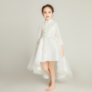 儿童晚礼服公主裙女童小礼服裙花童婚纱白色纱裙长袖洋气新款2023