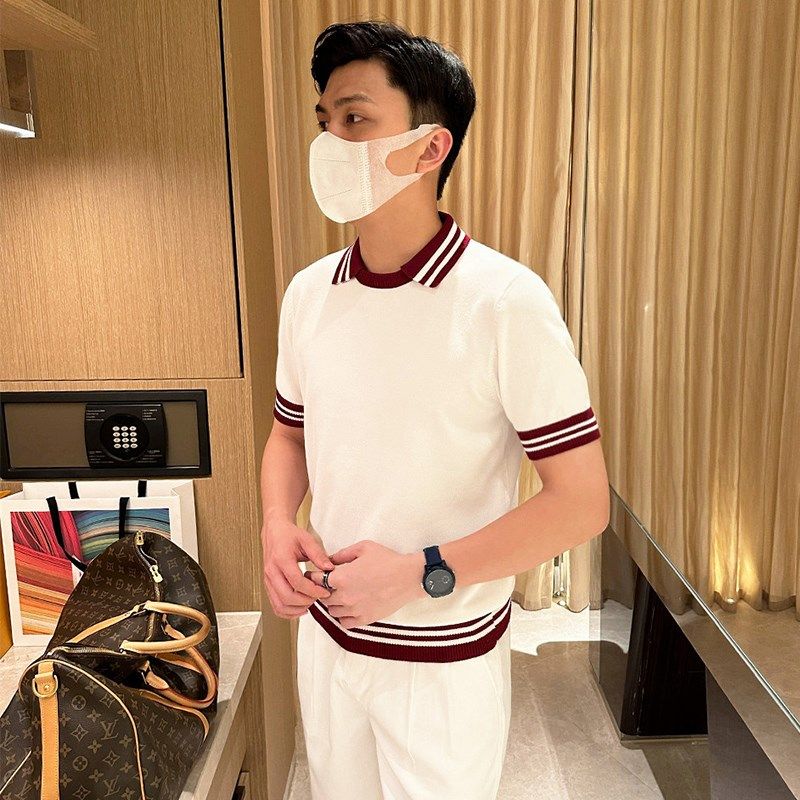 法式洋气休闲男装拼接罗纹polo衫男夏季薄款透气修身针织衫男短袖