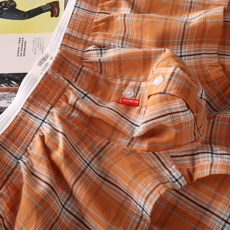 纯棉舒适透气中腰性感格子男士阿罗裤青年男生内裤平角裤纽扣短裤