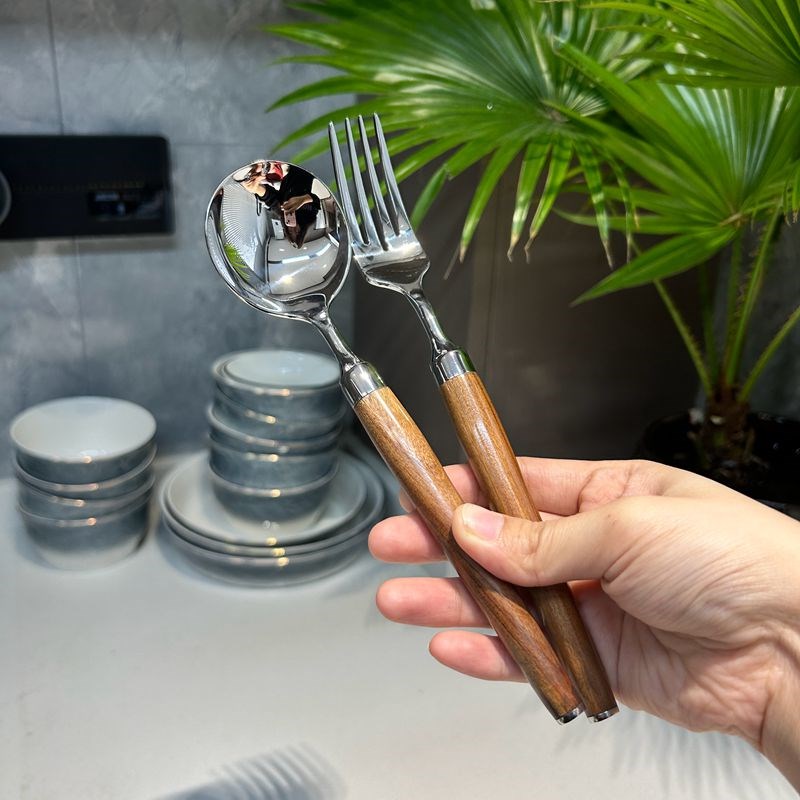 【高颜值】实木柄304不锈钢大圆头勺子西餐勺牛排叉子 套装家用