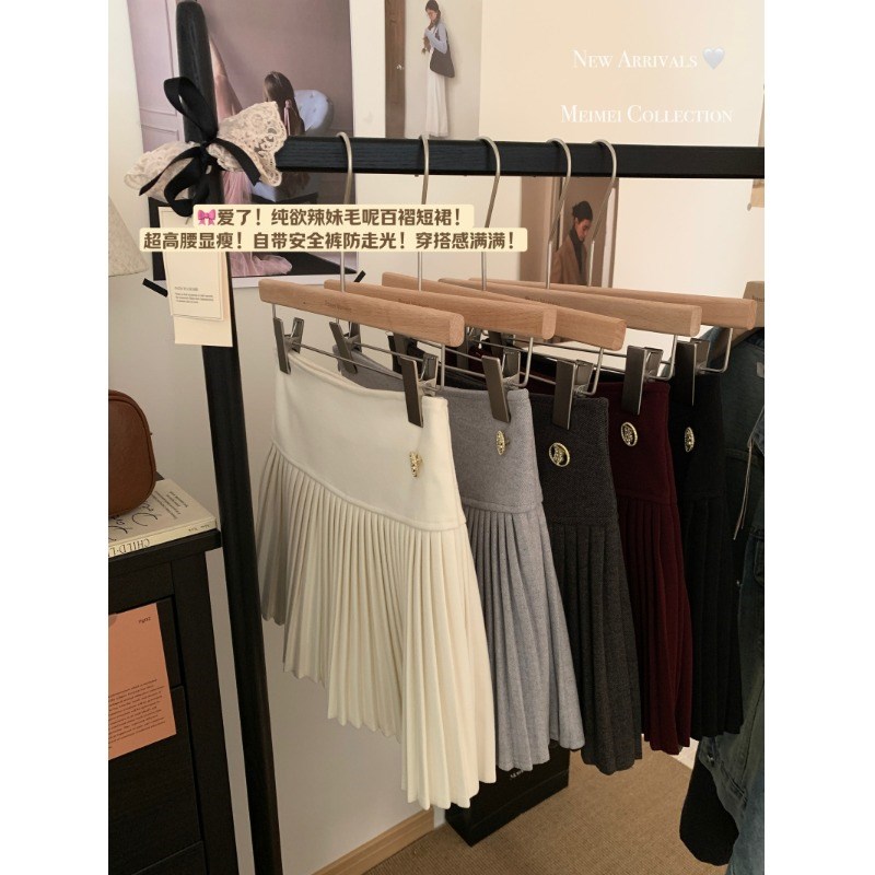 学院风高腰毛呢短裙灰色百褶裙女秋季新款显瘦百搭半身裙A字裙子