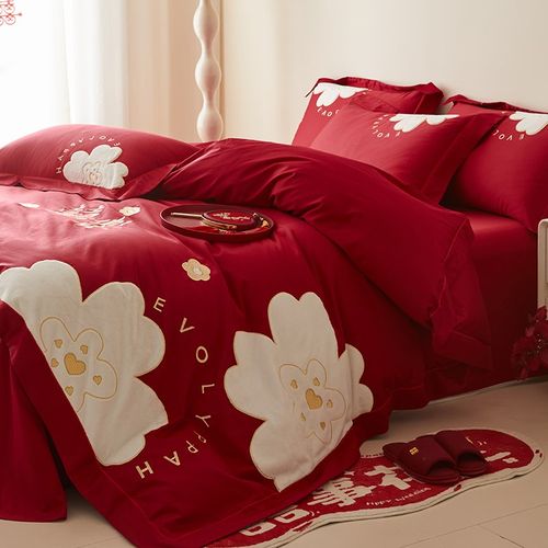 高档中式结婚四件套大红色新婚被套纯棉婚庆床上用品婚房陪嫁喜被