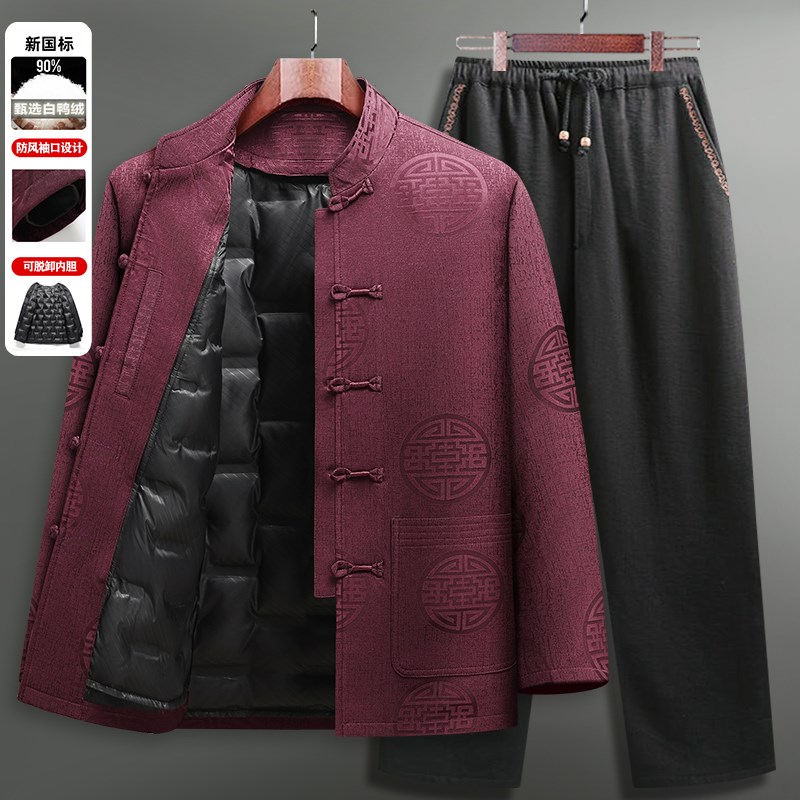 男士中国风唐装冬季中老年加厚可拆卸羽绒服爸爸生日过大寿爷爷装