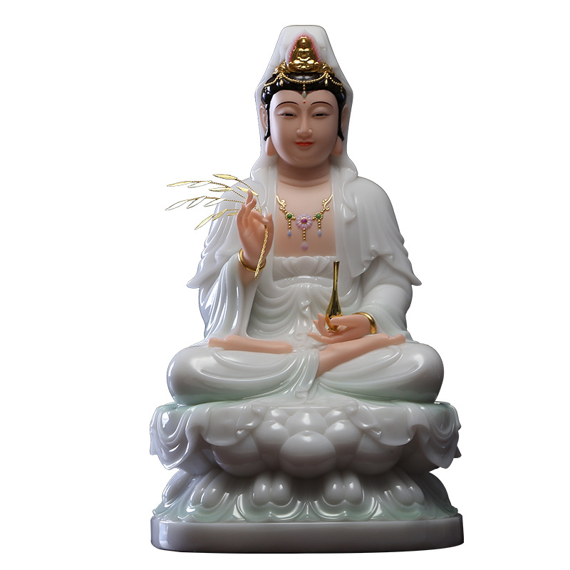 观音佛像汉白玉观世音菩萨家用坐莲南海送子观音娑婆三圣神像摆件