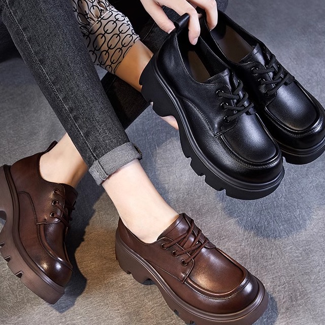 真皮乐福鞋粗跟厚底系带小皮鞋女