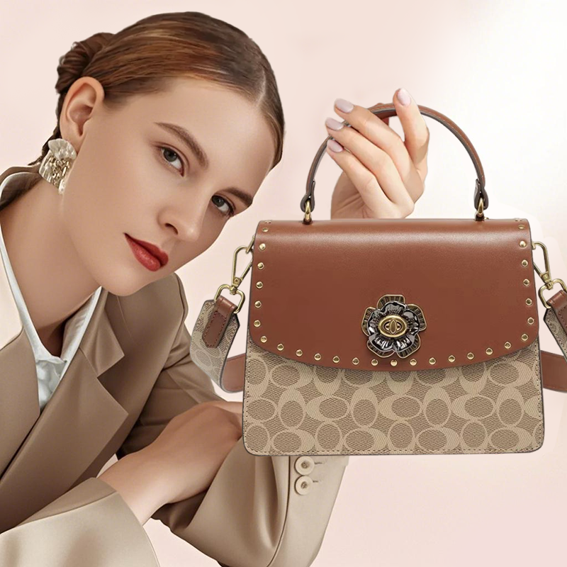 香港山茶花斜挎小方包老花单肩包