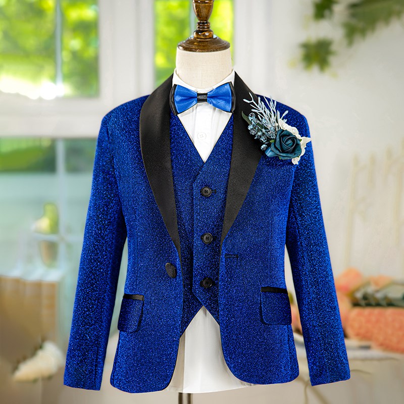 蓝色亮片男童西装套装儿童表演礼服男孩主持人走秀西服钢琴演出服