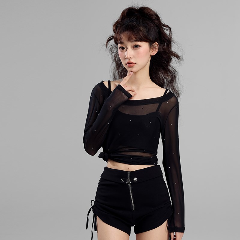 冷大娘 中大童网纱上衣小个子轻薄防晒空调衫爵士舞上衣T恤