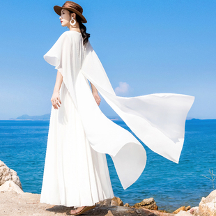V领白色拖尾连衣裙女复古仙飘逸雪纺度假大摆异域拍照好看长裙子