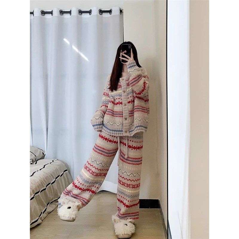 冬日大码保暖睡衣女2024冬季新款针织半边绒彩色条纹家居服两件套,女士内衣/男士内衣/家居服,睡衣/家居服套装,淘宝优惠券,粉丝福利购,淘宝优惠卷