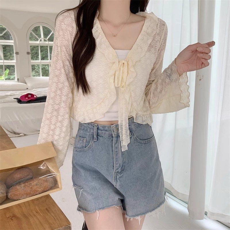 温柔风木耳边绑带v领防晒开衫针织衫女夏季2024新款喇叭袖短上衣,女装/女士精品,蕾丝衫/雪纺衫,淘宝优惠券,粉丝福利购,淘宝优惠卷