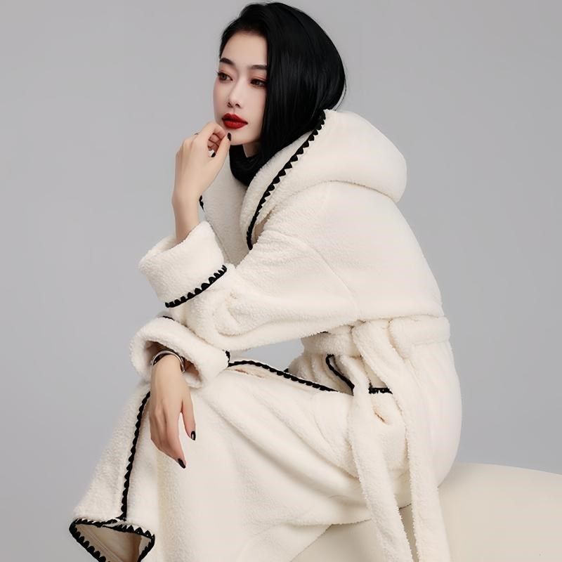 睡袍女款秋冬季加绒加厚珊瑚绒睡衣长款浴袍法兰绒连帽晨袍家居服