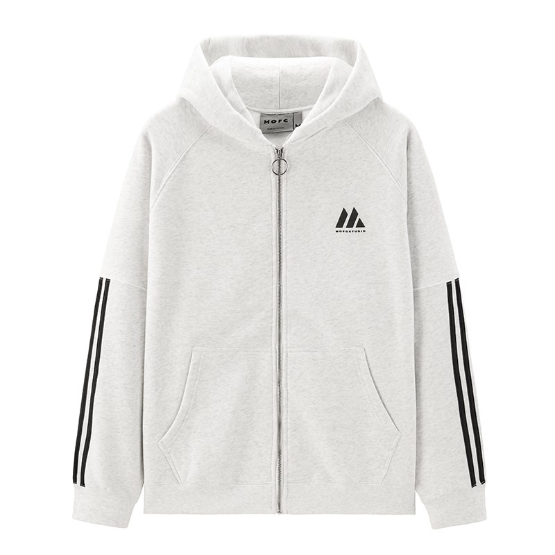 MOFG重磅国潮三杠条基础连帽拉链开衫男女宽松美式情侣装外套上衣