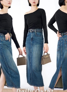 SJOG后开叉复古蓝色牛仔裙2024年秋季弹力显瘦高腰水洗长款半身裙