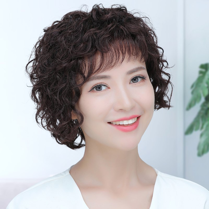 假发全头套女真人发丝日常假发短卷发时尚中老年女士妈妈款真发套