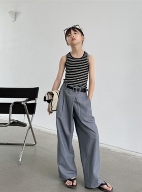 豆丁奇遇儿童春夏不对称腰头灰色西装裤烟管裤红色中大童亲子长裤