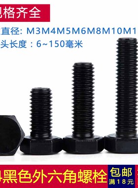 M8M10M12不锈钢304黑色外六角螺丝螺钉螺栓镀黑锌单头全牙DIN933