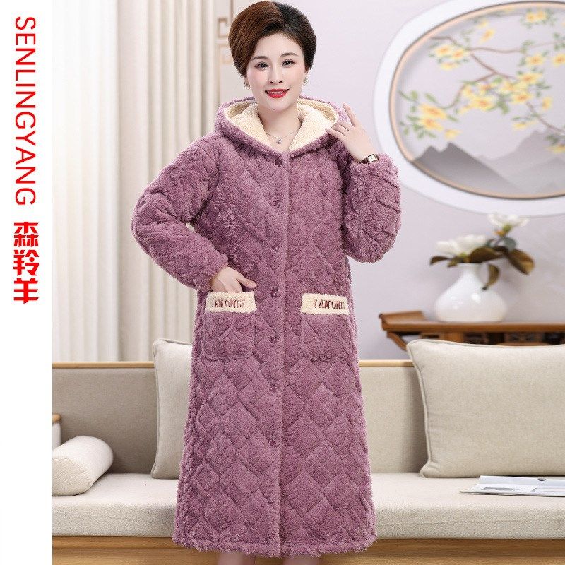 珊瑚绒睡袍女冬季妈妈加绒加厚三层夹棉睡衣长款保暖纽扣睡衣浴袍