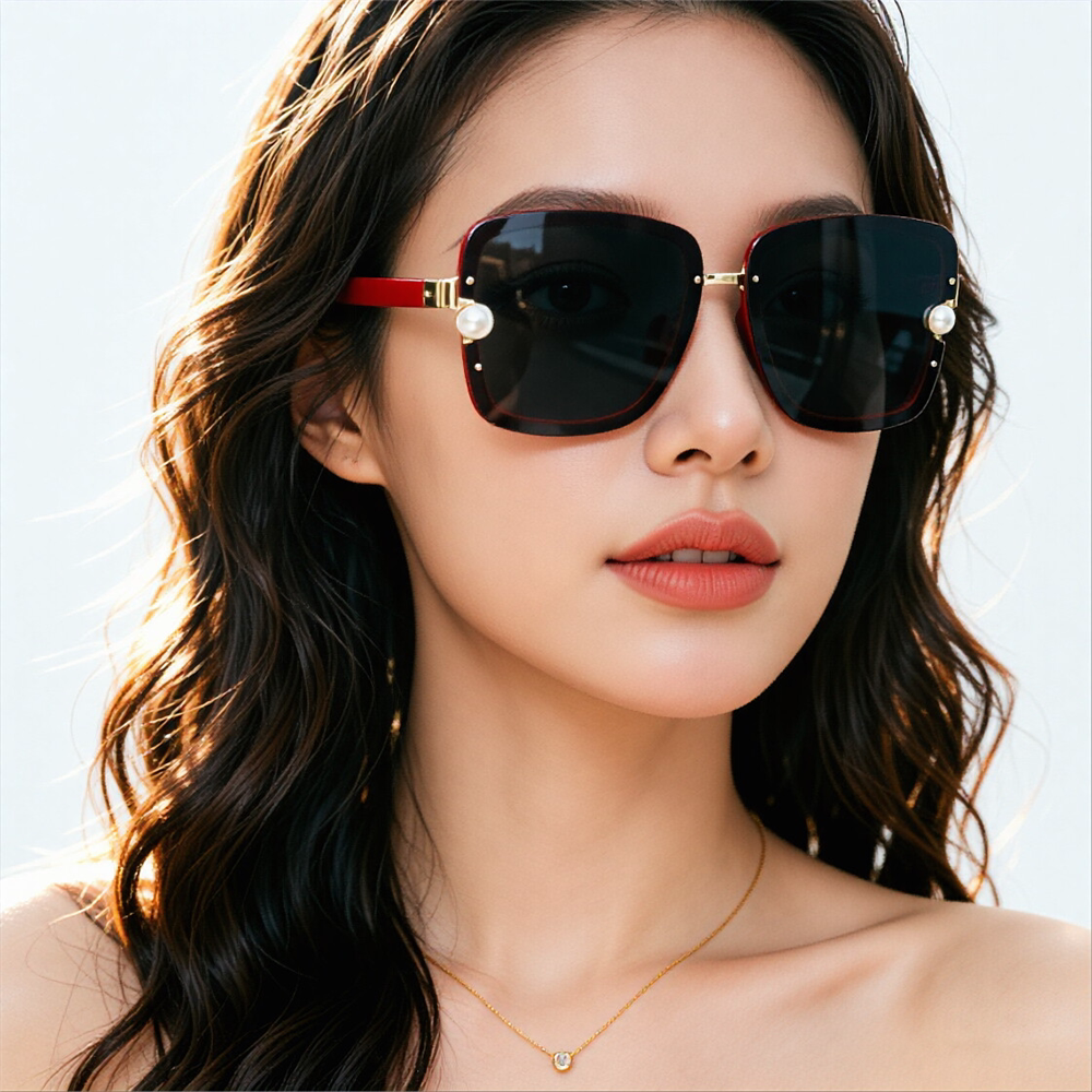 大红色女士偏光太阳镜珍珠装饰优雅气质女款墨镜防晒高清眼镜方形