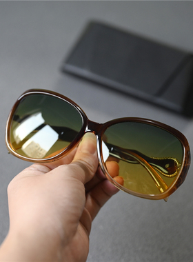 茶色女士偏光太阳镜日夜两用开车可戴红框墨镜黄绿渐变高清镜片
