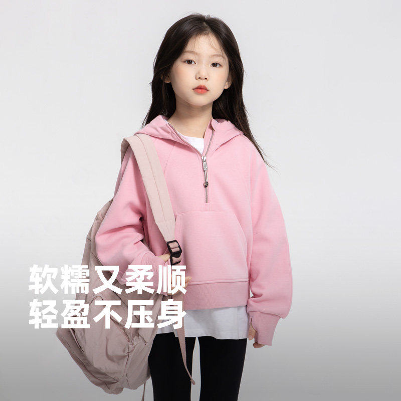女童短款连帽外套2024春秋新款儿童宽松半拉链卫衣中大童运动上衣