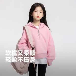 女童短款连帽外套2024春秋新款儿童宽松半拉链卫衣中大童运动上衣