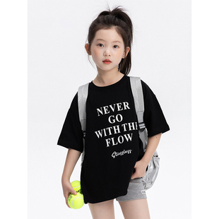 儿童字母T恤2025夏季新款女童时尚运动上衣中大童装纯棉宽松短袖