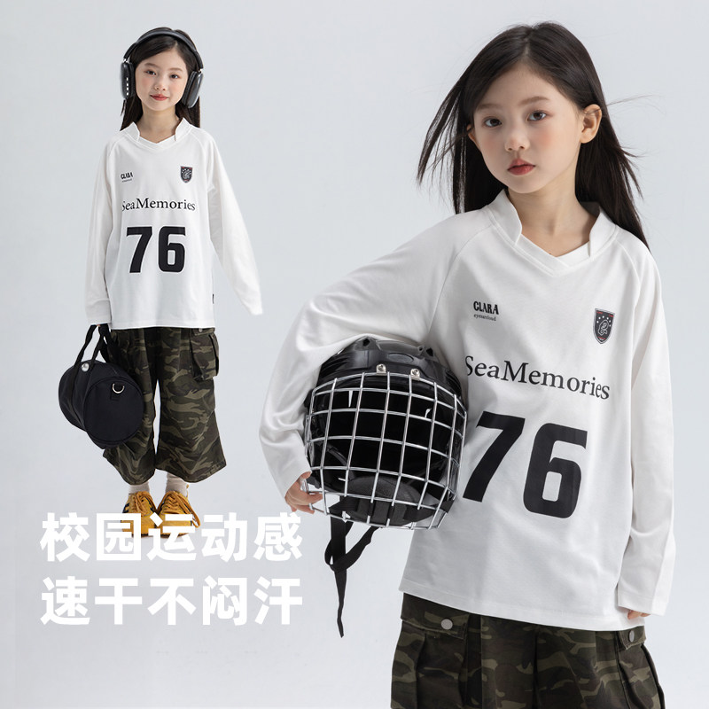 儿童美式速干运动卫衣2025春季新款女童高街宽松休闲长袖球衣T恤