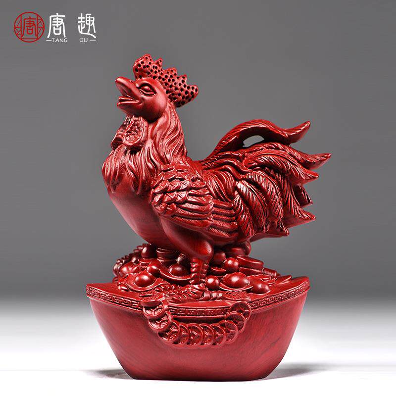 红花梨木雕鸡摆件三合十二生肖木鸡家居客厅办公桌面装饰开业送礼