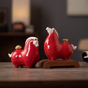 红色陶瓷唐马一对招财家居玄关酒柜桌面摆件办公室吉祥物生肖马