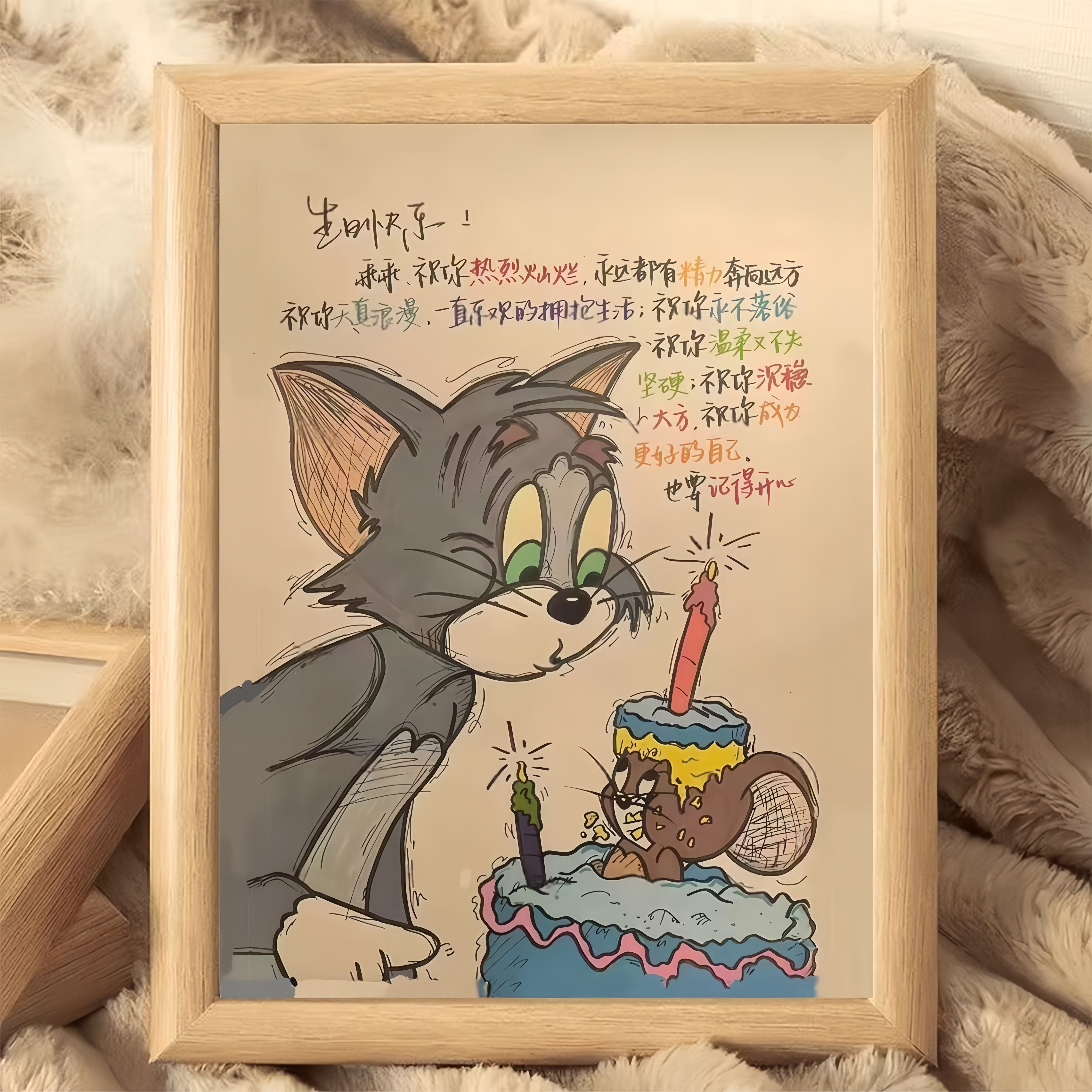 新款祝福猫和老鼠生日快乐贺卡相框桌面摆台画送朋友纪念礼物