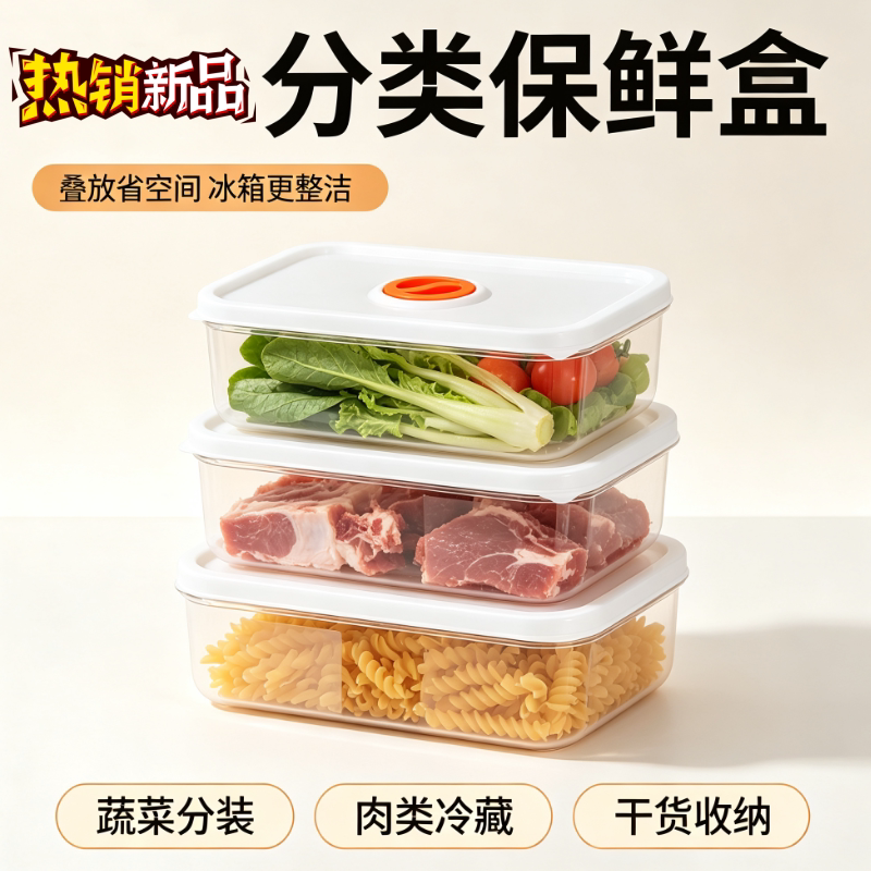 分类保鲜盒冰箱收纳盒厨房食物储物盒肉类蔬菜分装盒带盖收纳盒图片