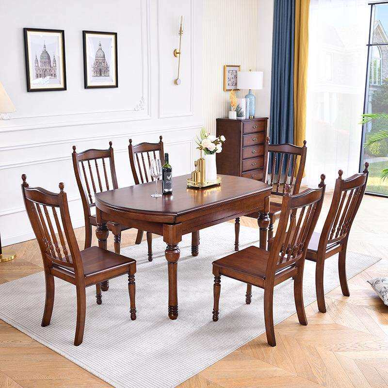 美式乡村实木餐桌椅组合小户型家用餐厅复古可伸缩折叠圆餐桌轻奢