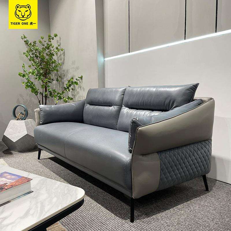 虎一办公家具商务办公沙发茶几简约现代时尚三3人位灰西皮科技布
