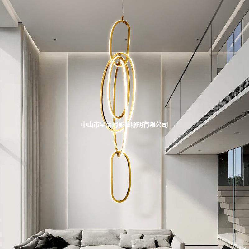 别墅复式楼客厅大吊灯电镀不锈钢金色轻奢高档loft跃层挑空楼梯灯