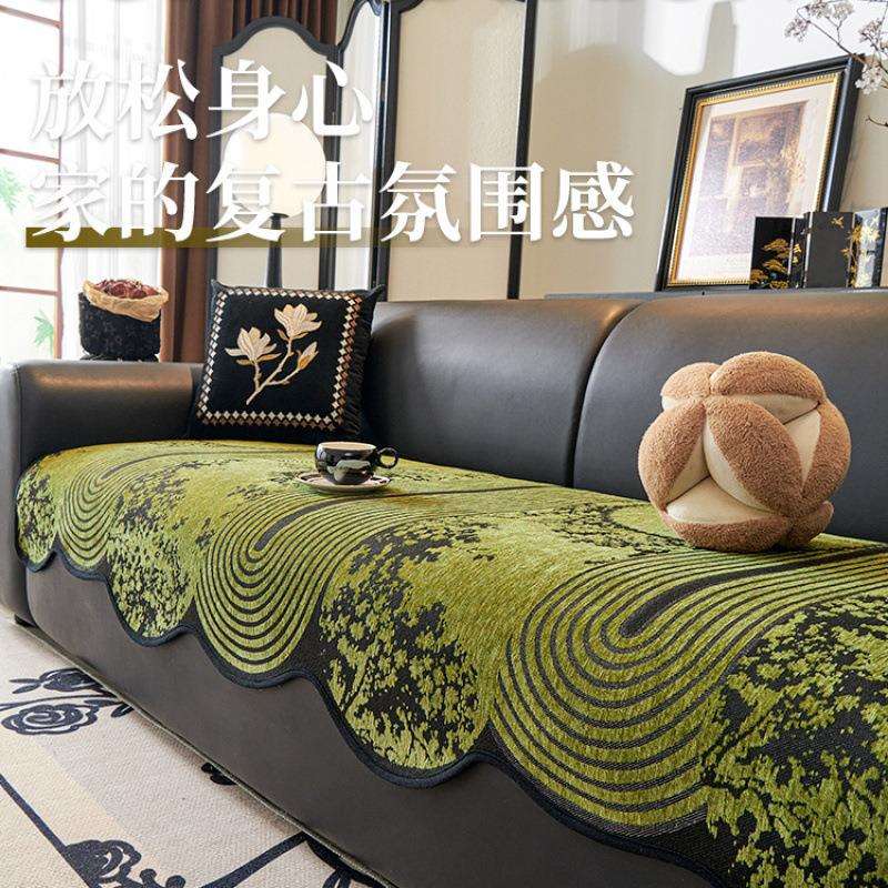 法式高级感异形沙发垫四季通用中古风2025新款绿色防滑皮坐垫盖布
